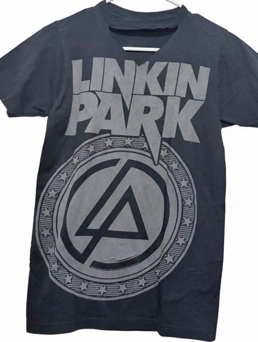 Y2K Grunge Linkin Park Graphic Band Tee with Choker Neck Cutout Size S